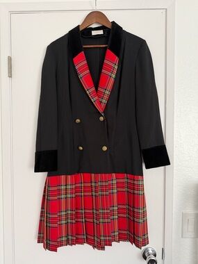 Gardenia ParisVintage Black Blazer Coat Dress with Red Plaid Trim